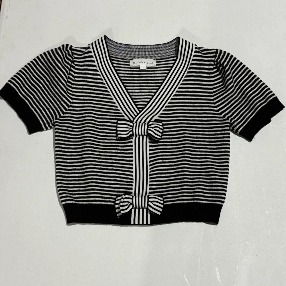 Striped Short Sleeve Sweater, Bow Detail, Black & White, Woman’s Large